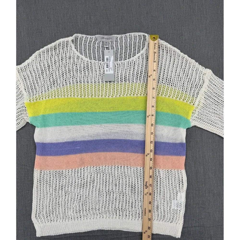 Honey & T Francescas Rainbow Stripe Open Weave‎ Knit Sweater Cream Medium NEW